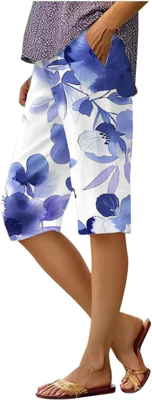 Bermuda Shorts for Women Summer High Waisted Knee Length Boho Floral Pants 2025 Beach Vacation Outfit with Pockets