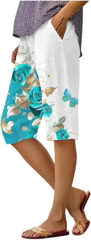 Bermuda Shorts for Women Summer High Waisted Knee Length Boho Floral Pants 2025 Beach Vacation Outfit with Pockets