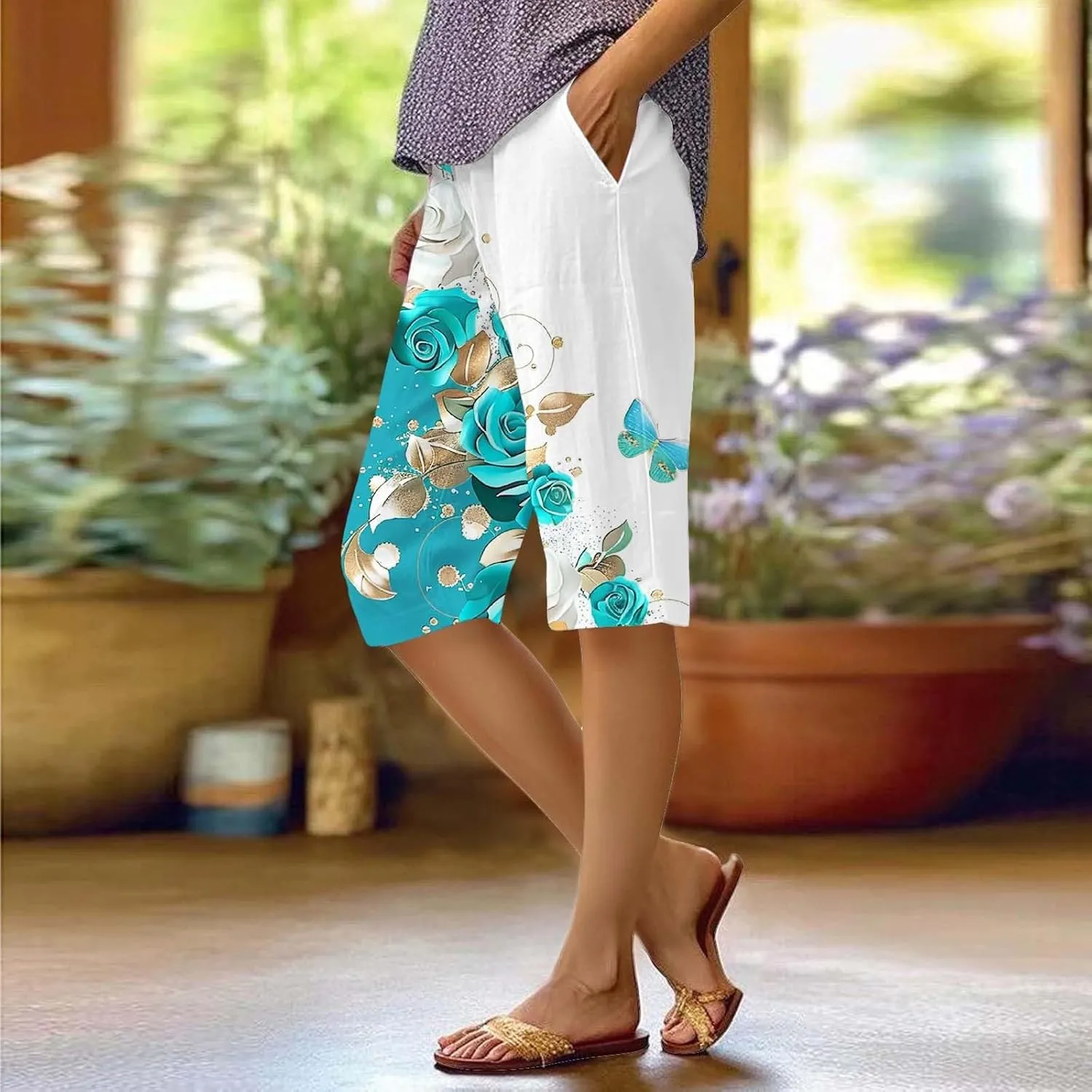 Bermuda Shorts for Women Summer High Waisted Knee Length Boho Floral Pants 2025 Beach Vacation Outfit with Pockets