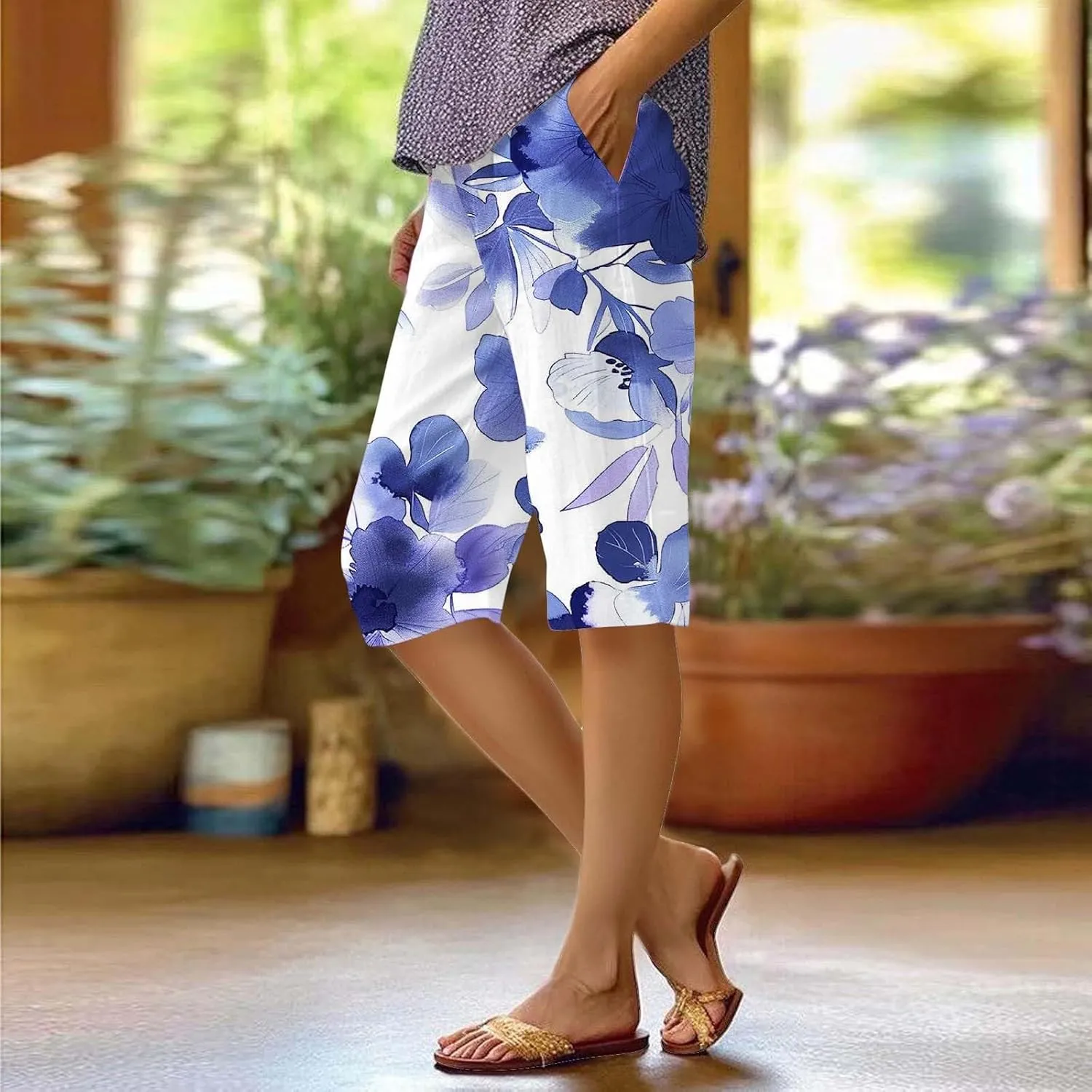 Bermuda Shorts for Women Summer High Waisted Knee Length Boho Floral Pants 2025 Beach Vacation Outfit with Pockets