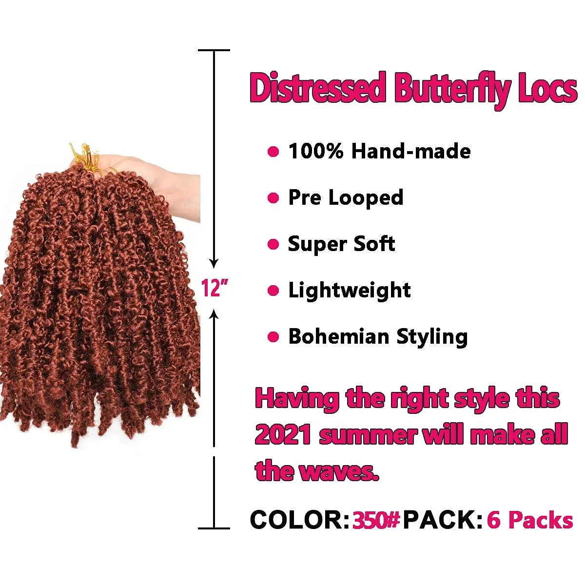 Beverlee 6 Packs Copper Red Bob Distressed Butterfly Locs Crochet Hair Pre-looped Messy Butterfly Twist Locs Hair 12 Inch Short Knotless Butterfly Braids Locs Hair for Women 350#……