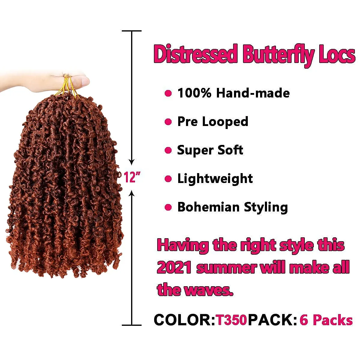 Beverlee Ombre Copper Red Distressed Faux Locs 6 Packs Crochet Butterfly Locs 12 Inch Pre-looped Hair T350# - Goddess Braids