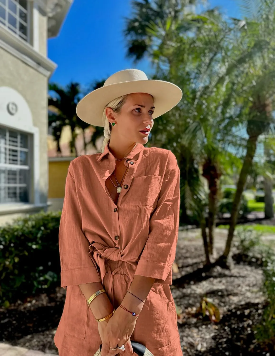 Beyove Women's Cotton Linen Set Casual Tracksuit Button Down 3/4 Sleeve Shirt Drawstring Shorts Pockets 2 Piece Lounge Set