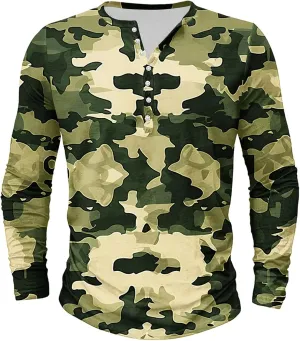 Big and Tall Shirts for Men Loose Fit Long Sleeve Button Down Shirt Camouflage Print Quarter Button Pullover Top Tees