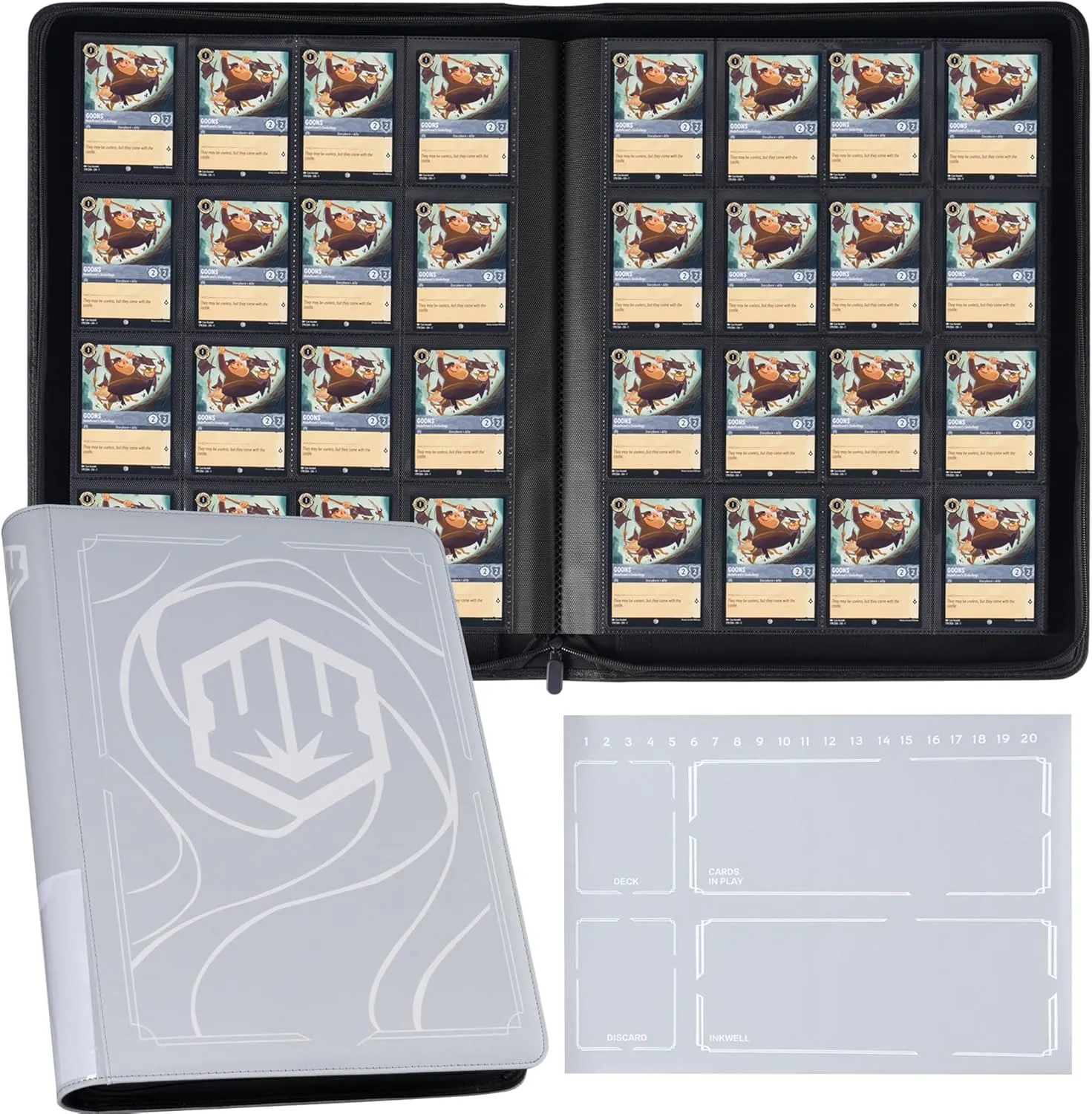 Binder for Lorcana Cards, Premium 16 Pocket Trading Card Album with Sleeves Compatible with 1024 Lorcana Cards, Tokens and Rules sheet - Classic Gray