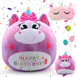 Birthday Plush Unicorn Pillow, Happy Birthday Gifts for Girls Toddlers Kids, Soft Plush Toy Cute Stuffed Animal, Plushie Doll Home Room Decor, Unicorn Sleep Mask