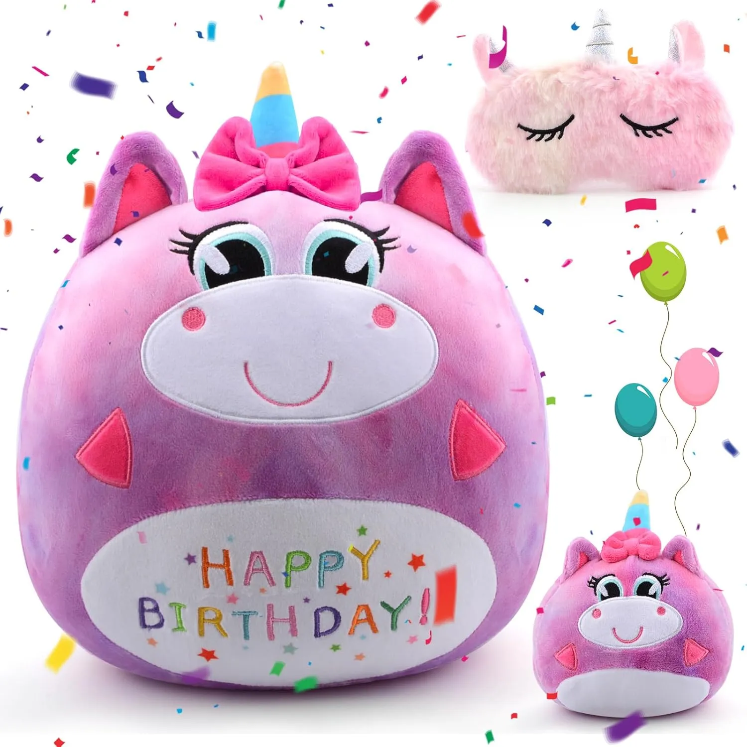 Birthday Plush Unicorn Pillow, Happy Birthday Gifts for Girls Toddlers Kids, Soft Plush Toy Cute Stuffed Animal, Plushie Doll Home Room Decor, Unicorn Sleep Mask