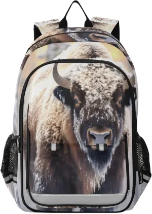 Bison Portrait Snowy Backpack Travel Laptop Daypack Shoulder Bag Book Bag Daypack with Reflective Strip 12.9 ×17.7 In