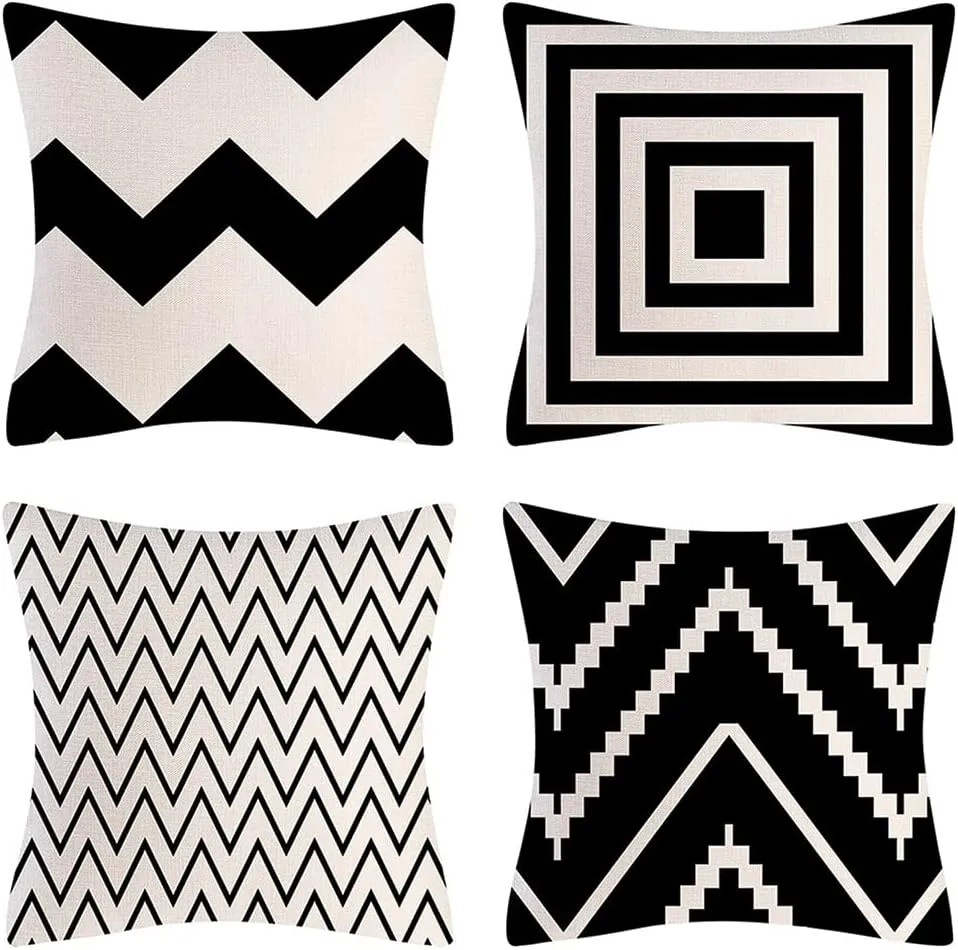 Black and White Geometric Throw Pillows Farmhouse Decorative Chevron Zigzag Throw Pillow Case Indoor Outdoor Cushion Cover Linen Pillowcase for Couch Living Room Bedroom 18 x 18 Inch Set of 4