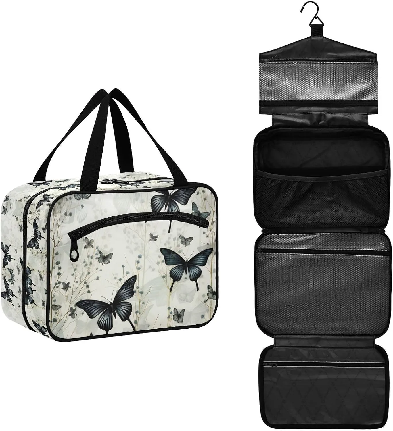 Black Butterfly Artwork Hanging Travel Toiletry Cosmetic Makeup Bag Large Capacity Foldable Storage Wash Bags for Women Girls Bathroom