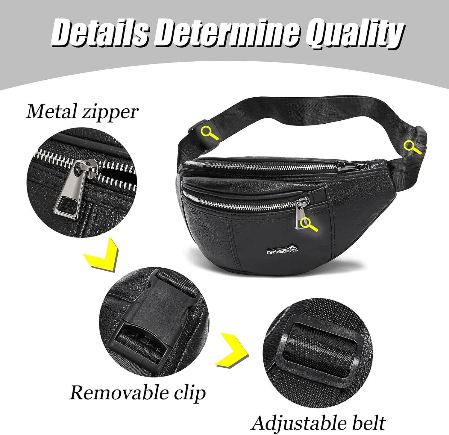 Black Fanny Pack for Men Genuine Leather Waist Bag Multiple Pockets Metal Zippers Belt Bag for Travel Hiking Cycling Fishing