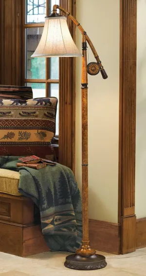 Black Forest Décor - Fishing Pole Floor Lamp with Linen Shade, Cast Resin Construction - Vintage Lakeside Style - 19" W x 63" H