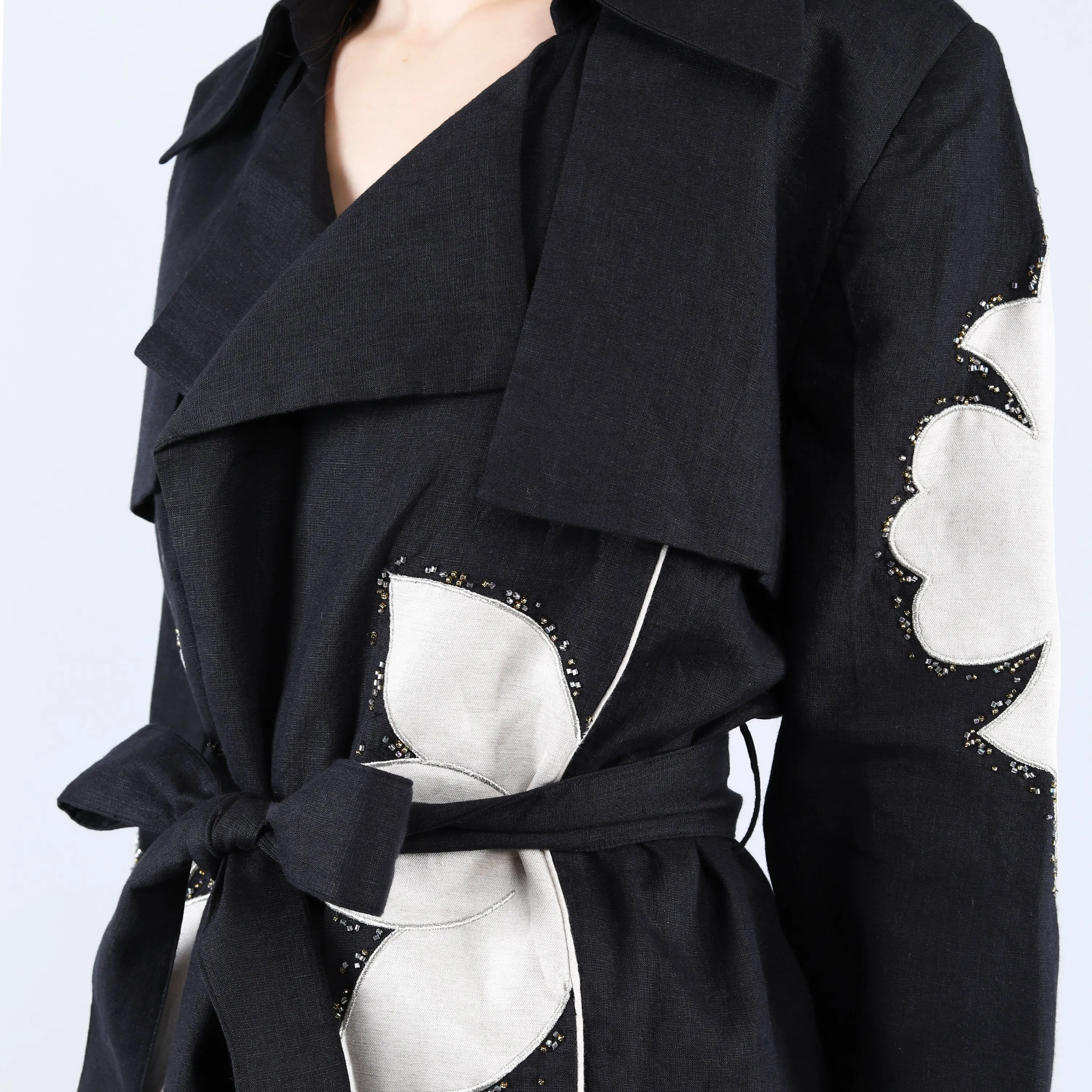 Black Linen Trench Coat with Applique and Bead Work