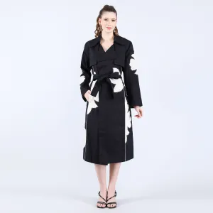 Black Linen Trench Coat with Applique and Bead Work