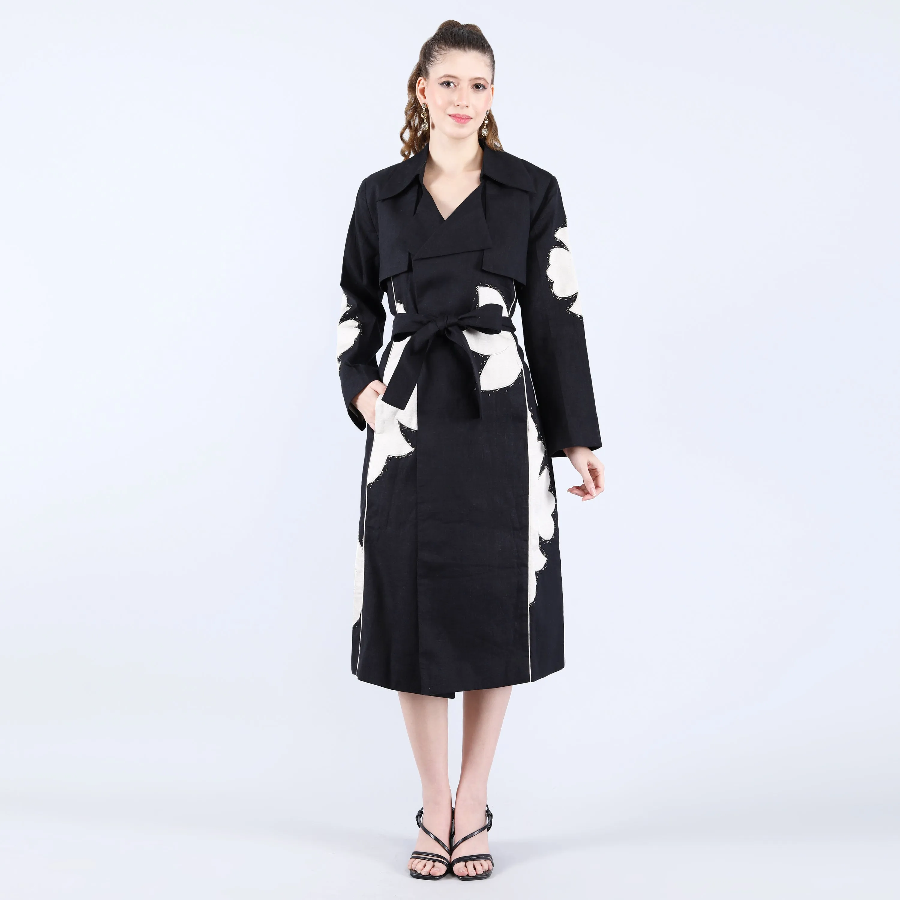 Black Linen Trench Coat with Applique and Bead Work