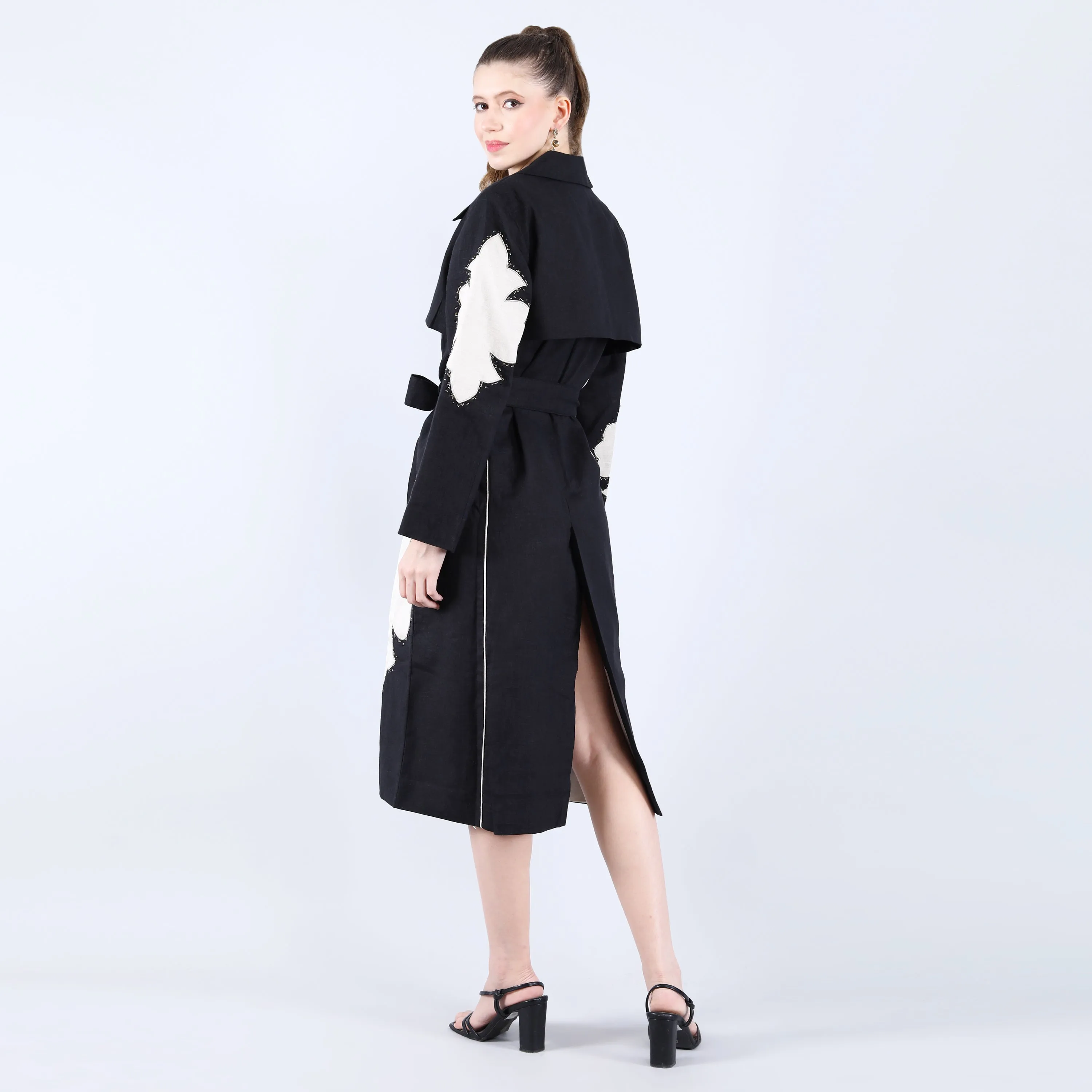 Black Linen Trench Coat with Applique and Bead Work