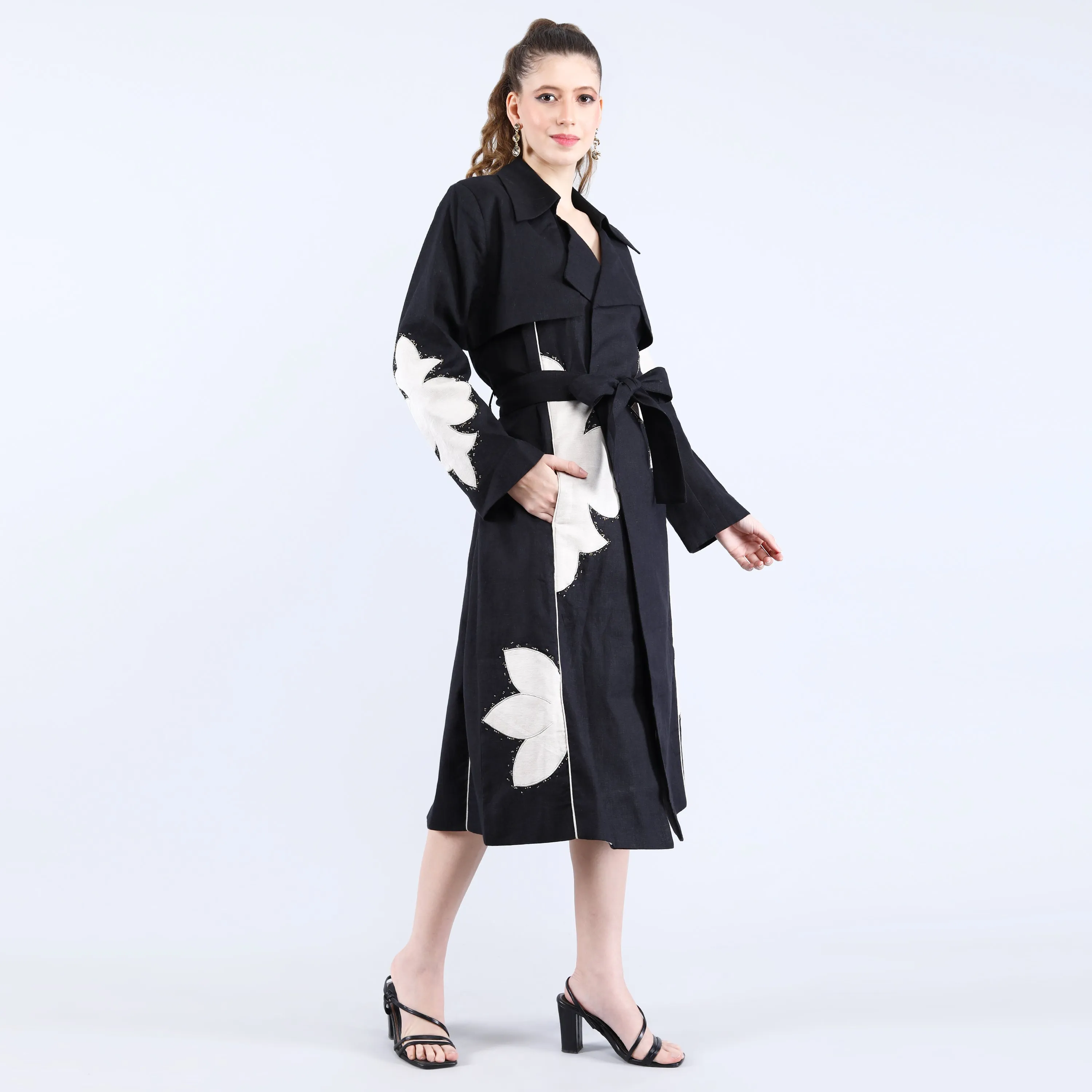 Black Linen Trench Coat with Applique and Bead Work