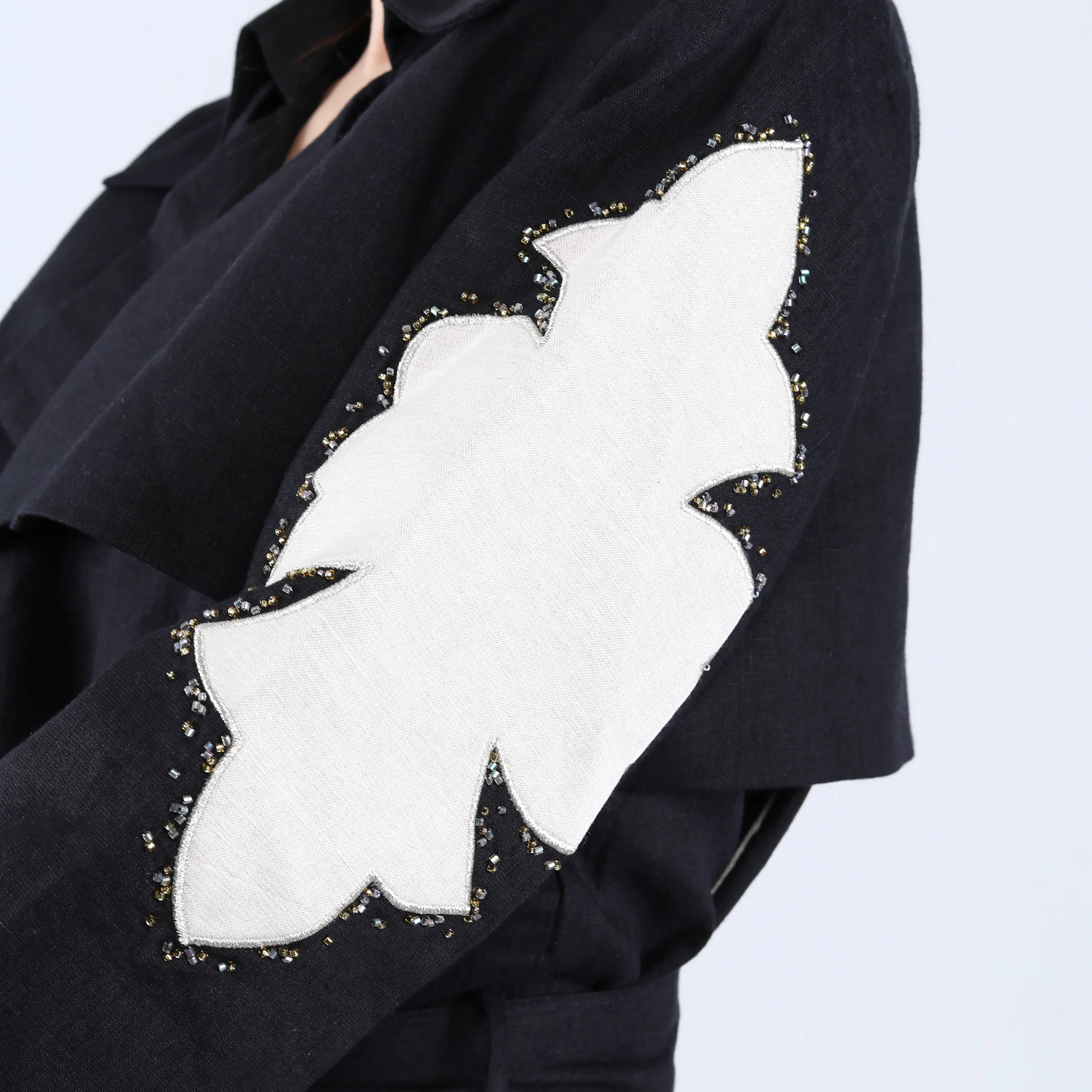 Black Linen Trench Coat with Applique and Bead Work