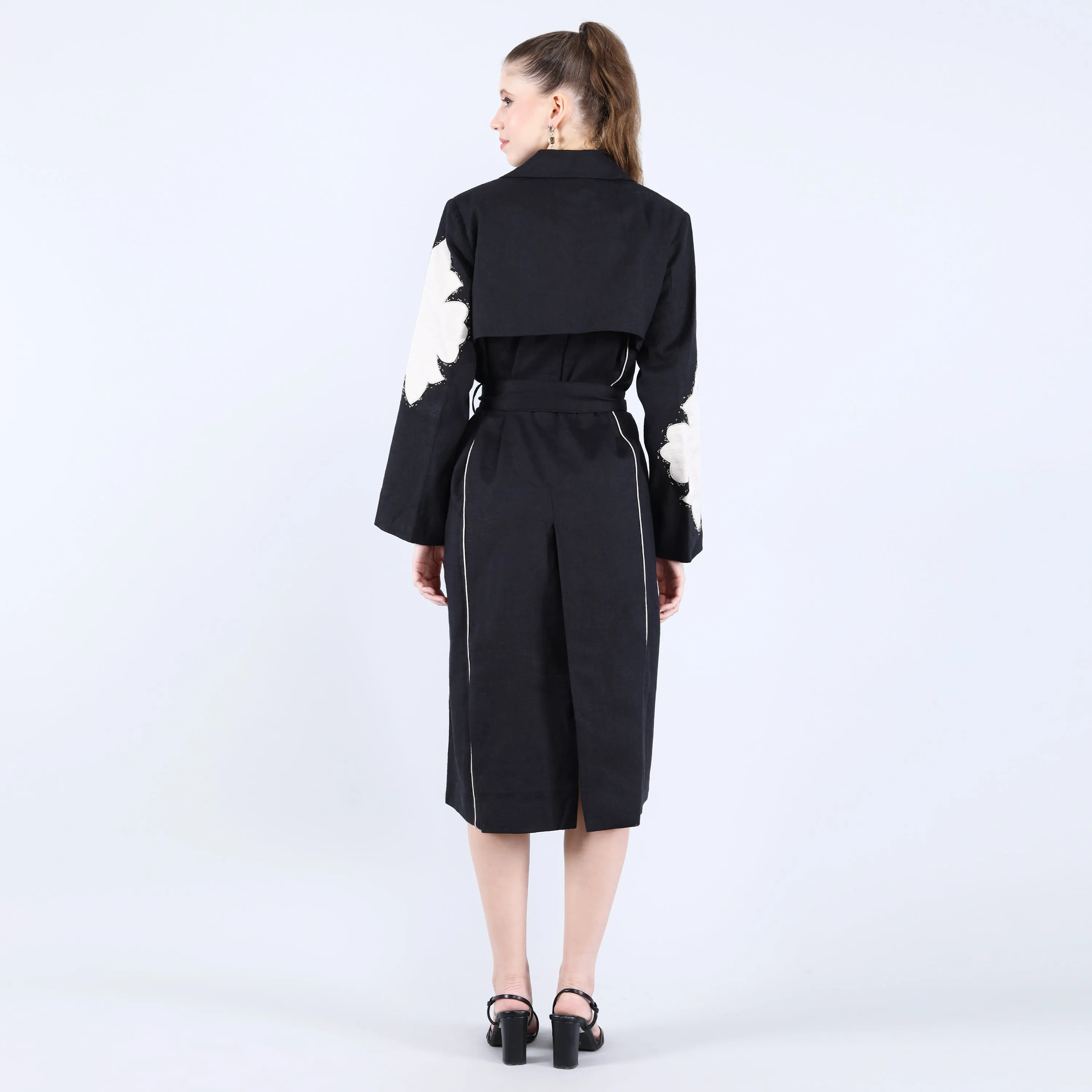 Black Linen Trench Coat with Applique and Bead Work