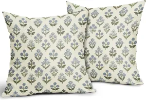 Blue Green Block Print Pillow Covers 18x18 Inch Set of 2, Vintage Floral Spring Decorative Throw Pillow Cases Boho Cushion Covers Rustic Decoration Gift Farmhouse Sofa Couch Bed Decor