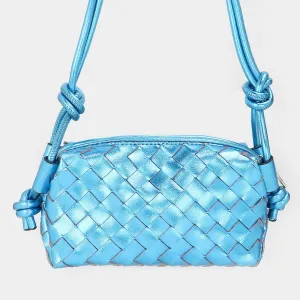 Blue Metallic Faux Leather Weaved Crossbody Bag