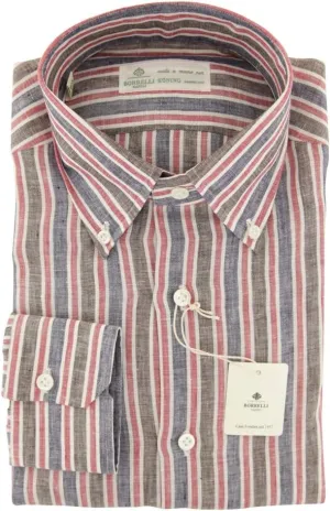 Blue Stripes Button Down Linen Slim Fit Dress Shirt, Size Large 17