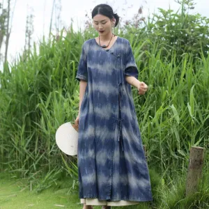 Bohemian Blue Striped Silk Tie-Dye Half-Sleeved Dress