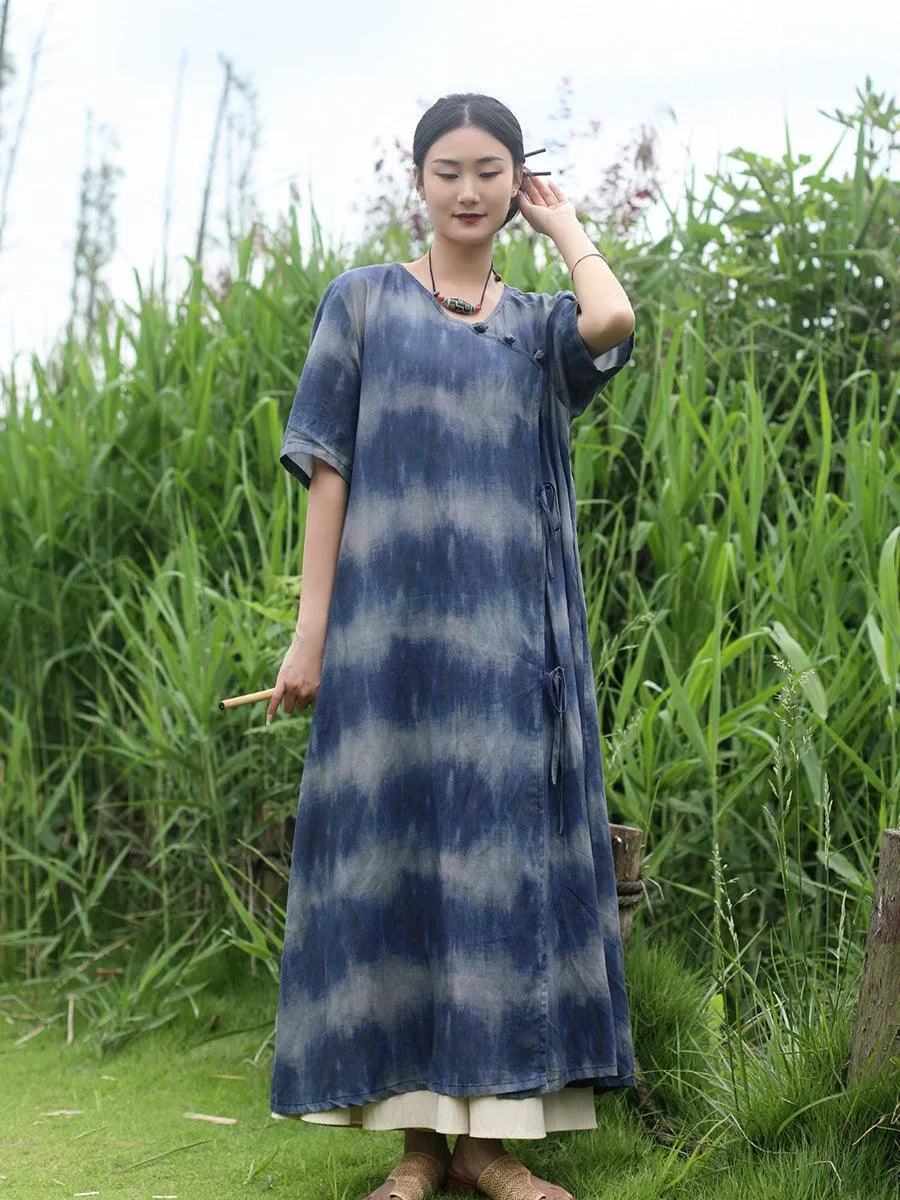 Bohemian Blue Striped Silk Tie-Dye Half-Sleeved Dress