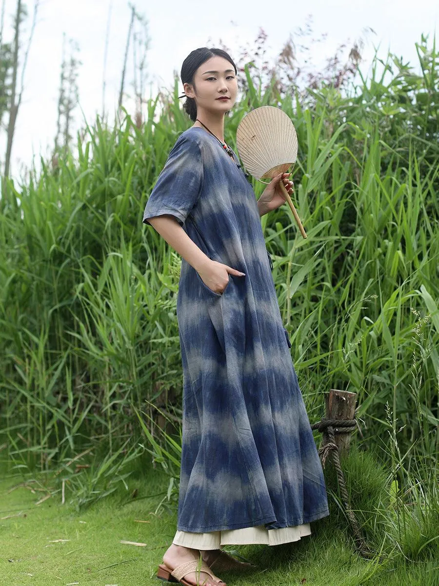 Bohemian Blue Striped Silk Tie-Dye Half-Sleeved Dress