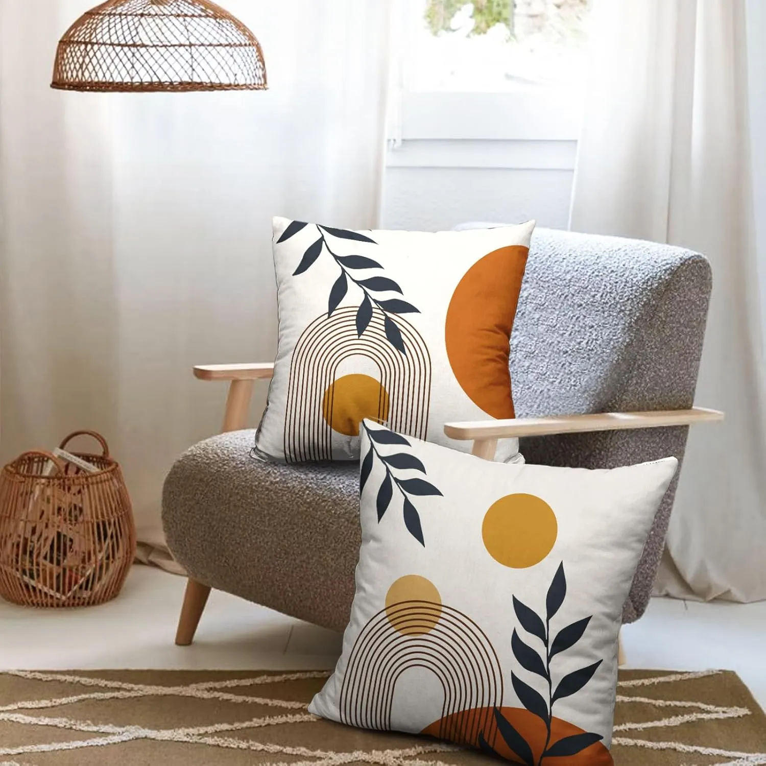 Boho Abstract Sun Pillow Covers Mid Century Modern Throw Pillow Covers Minimalist Geometric Leaf Decorative Pillow Cases Bohemian Line Art Pillowcase 18x18 Set of 2 for Outdoor Couch Patio