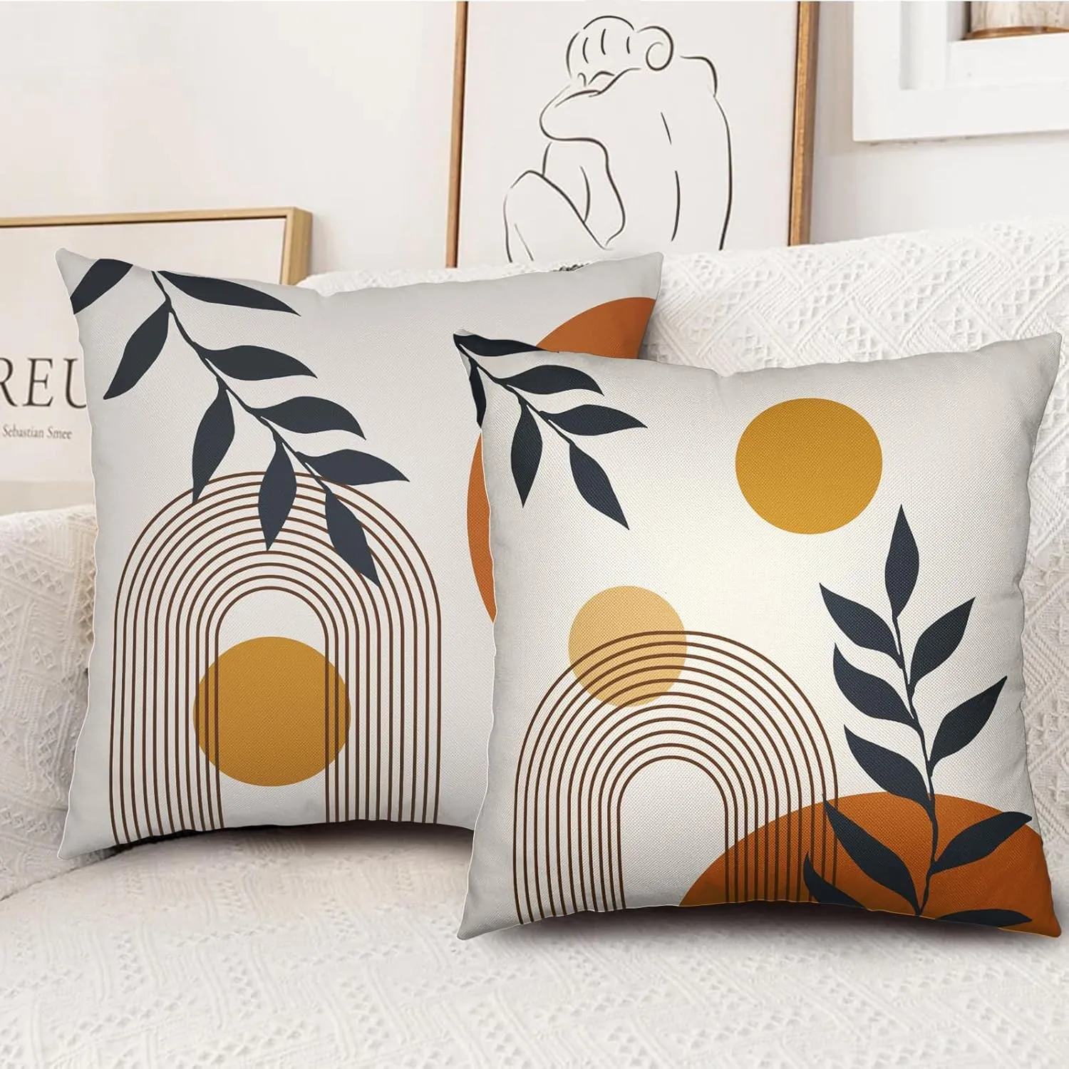 Boho Abstract Sun Pillow Covers Mid Century Modern Throw Pillow Covers Minimalist Geometric Leaf Decorative Pillow Cases Bohemian Line Art Pillowcase 18x18 Set of 2 for Outdoor Couch Patio