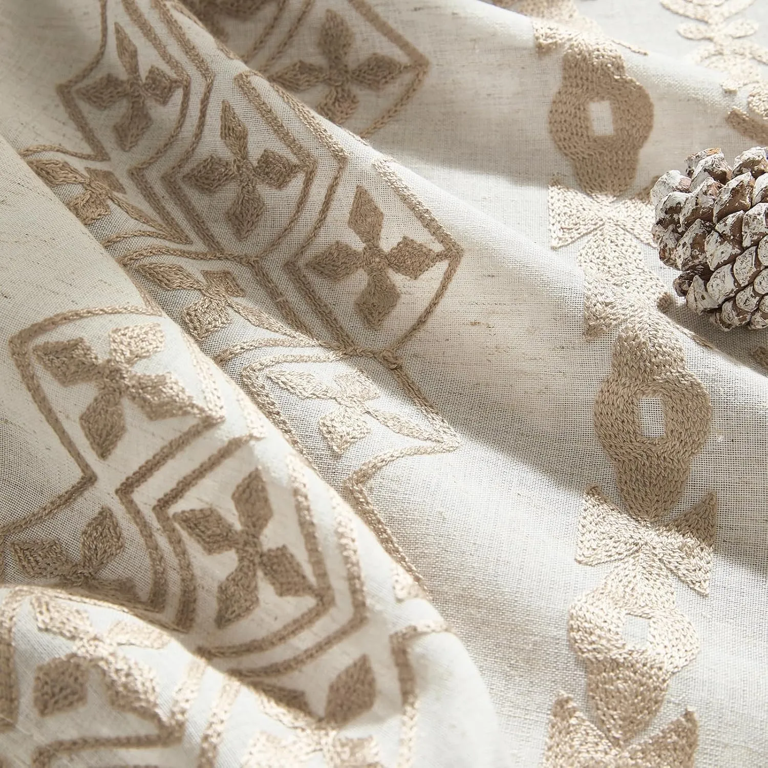 Boho Curtains 72 Inches Long 2 Panels Set for Living Room Bedroom Grommet Neutral Natural Linen Curtains Embroidered Semi Sheer Flax Fabric Drapes Country Farmhouse Decor, 52x72 Inch Length, Taupe