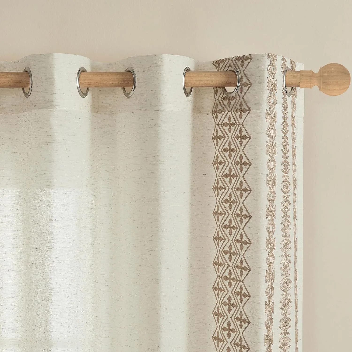 Boho Curtains 72 Inches Long 2 Panels Set for Living Room Bedroom Grommet Neutral Natural Linen Curtains Embroidered Semi Sheer Flax Fabric Drapes Country Farmhouse Decor, 52x72 Inch Length, Taupe
