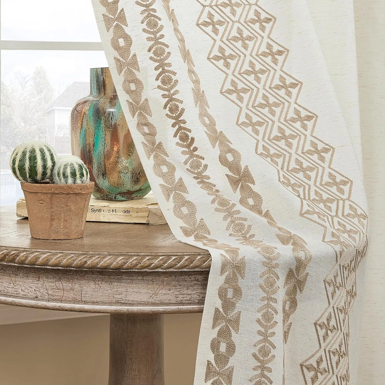 Boho Curtains 72 Inches Long 2 Panels Set for Living Room Bedroom Grommet Neutral Natural Linen Curtains Embroidered Semi Sheer Flax Fabric Drapes Country Farmhouse Decor, 52x72 Inch Length, Taupe
