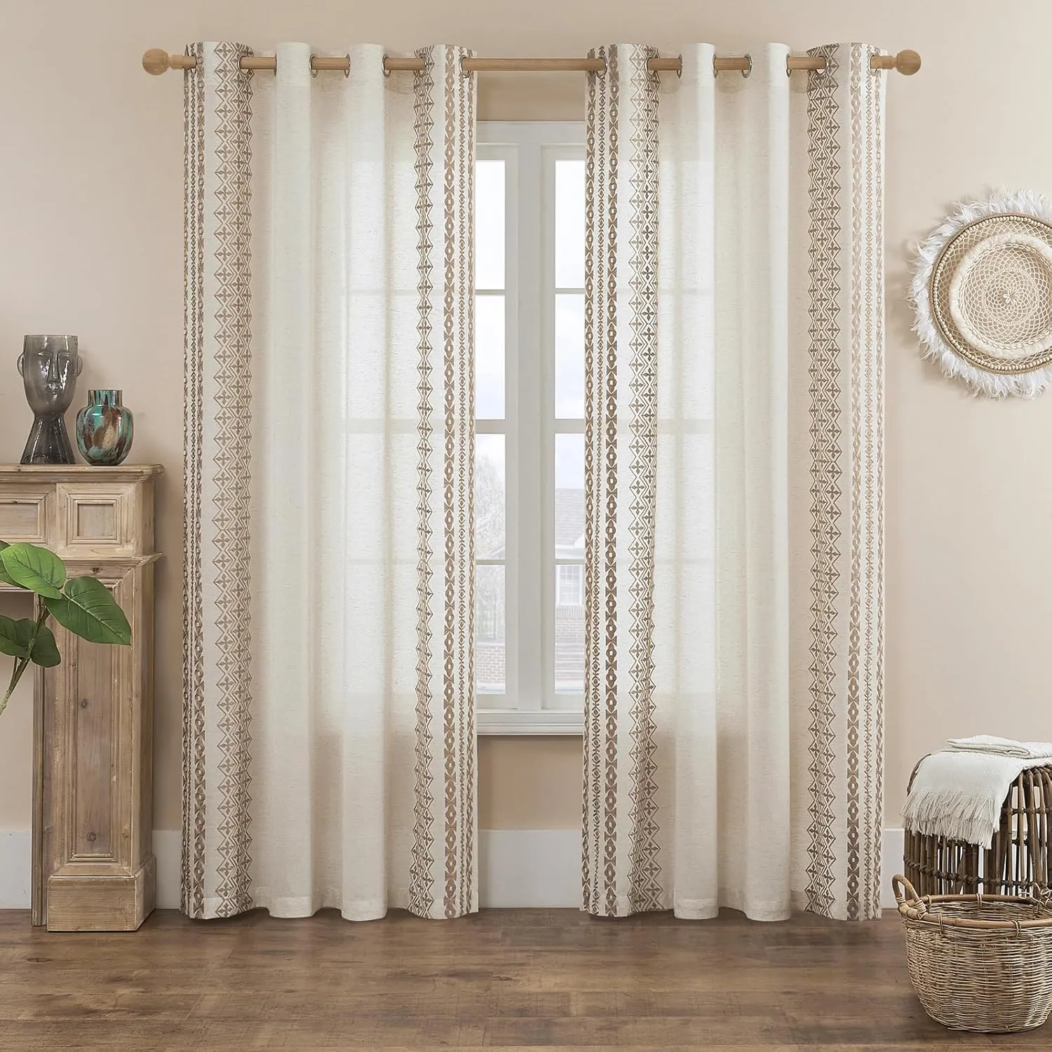 Boho Curtains 72 Inches Long 2 Panels Set for Living Room Bedroom Grommet Neutral Natural Linen Curtains Embroidered Semi Sheer Flax Fabric Drapes Country Farmhouse Decor, 52x72 Inch Length, Taupe