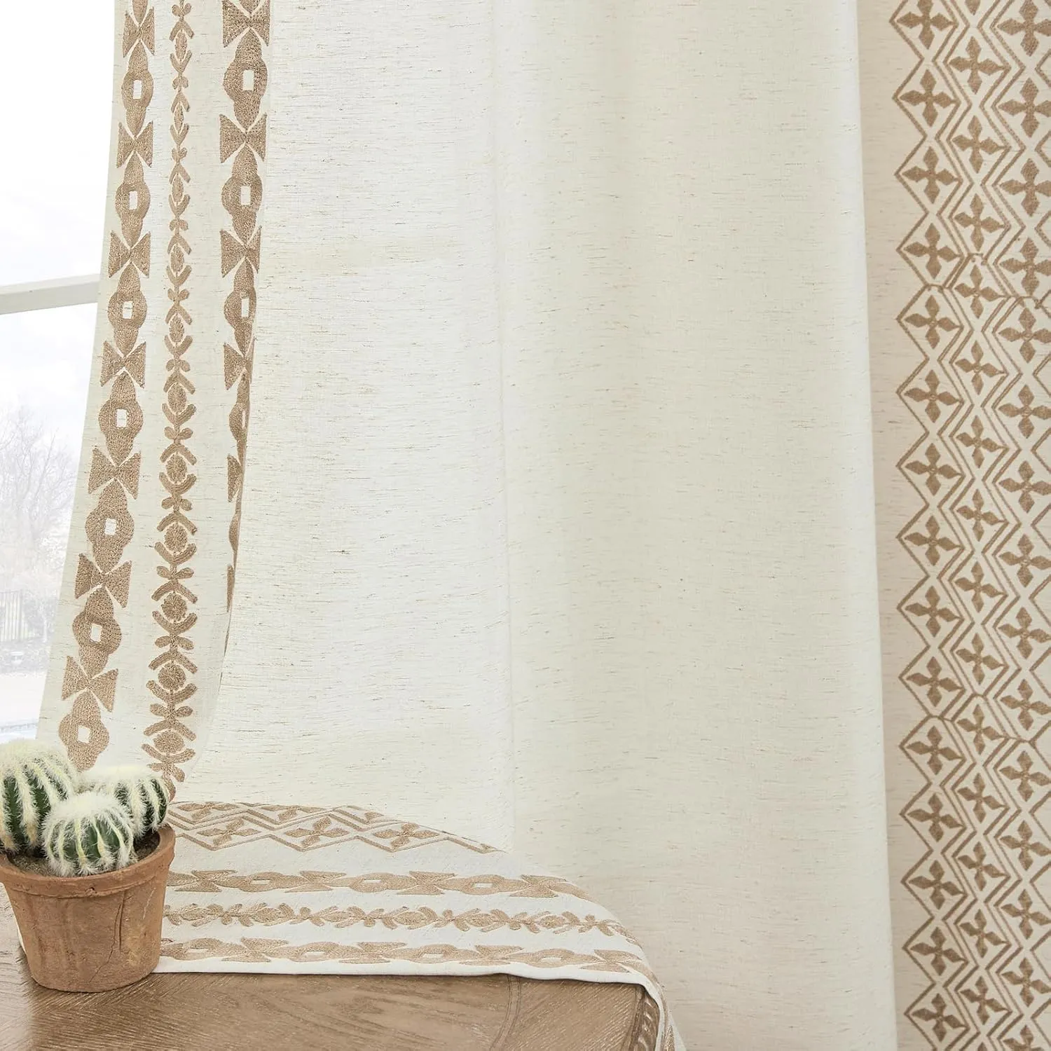 Boho Curtains 72 Inches Long 2 Panels Set for Living Room Bedroom Grommet Neutral Natural Linen Curtains Embroidered Semi Sheer Flax Fabric Drapes Country Farmhouse Decor, 52x72 Inch Length, Taupe