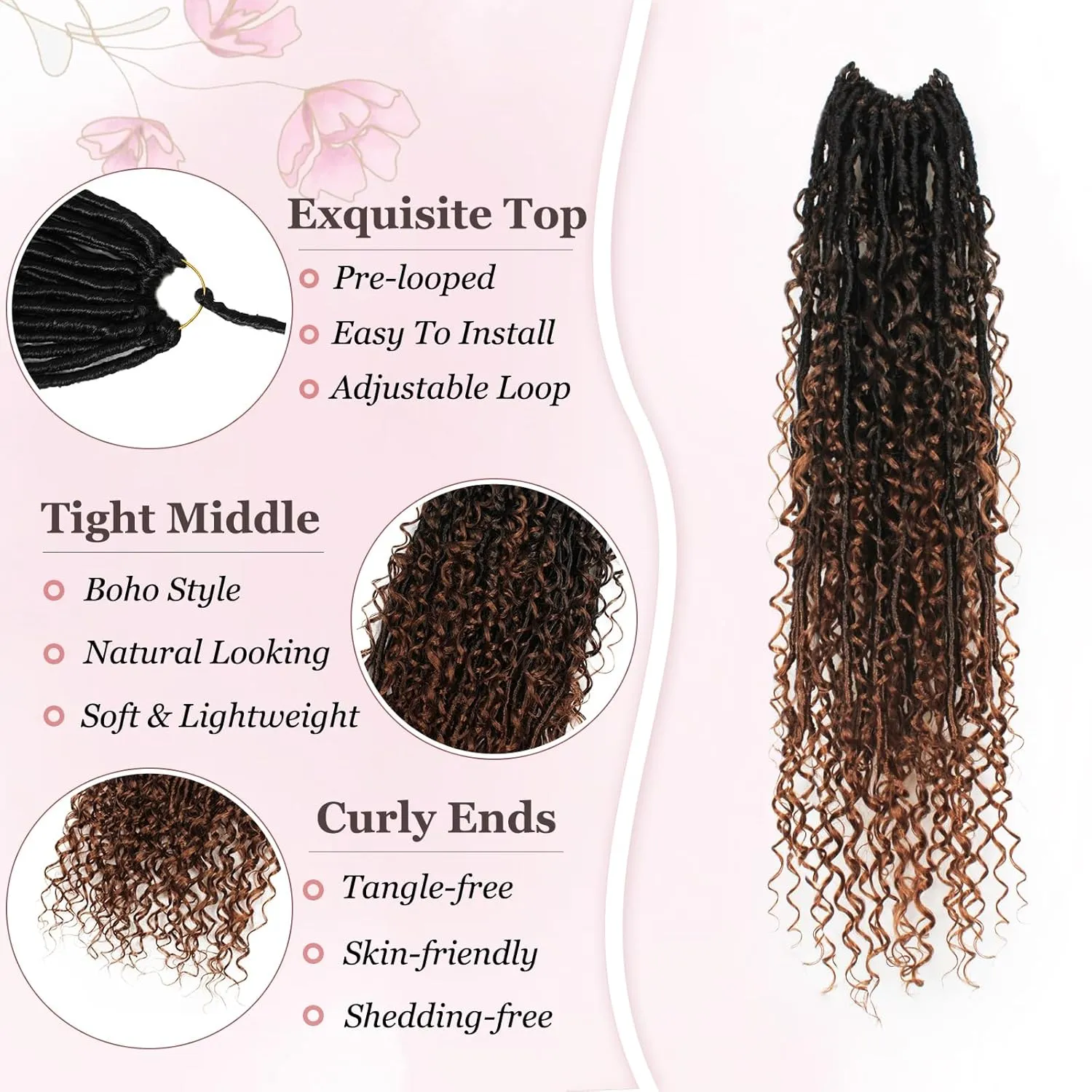 Boho Faux Locs Crochet Hair 9 Packs Long Goddess locs 24 Inch Boho Soft Locs With Curly Ends Pre Looped Bohemian River Loc Crochet Hair For Women (24 inch,1B/4/30)