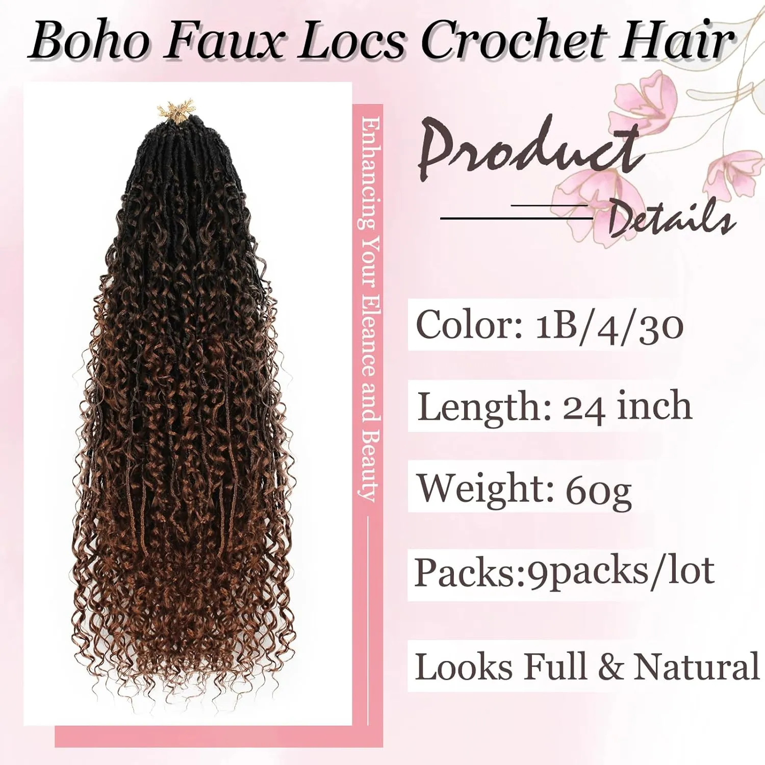 Boho Faux Locs Crochet Hair 9 Packs Long Goddess locs 24 Inch Boho Soft Locs With Curly Ends Pre Looped Bohemian River Loc Crochet Hair For Women (24 inch,1B/4/30)