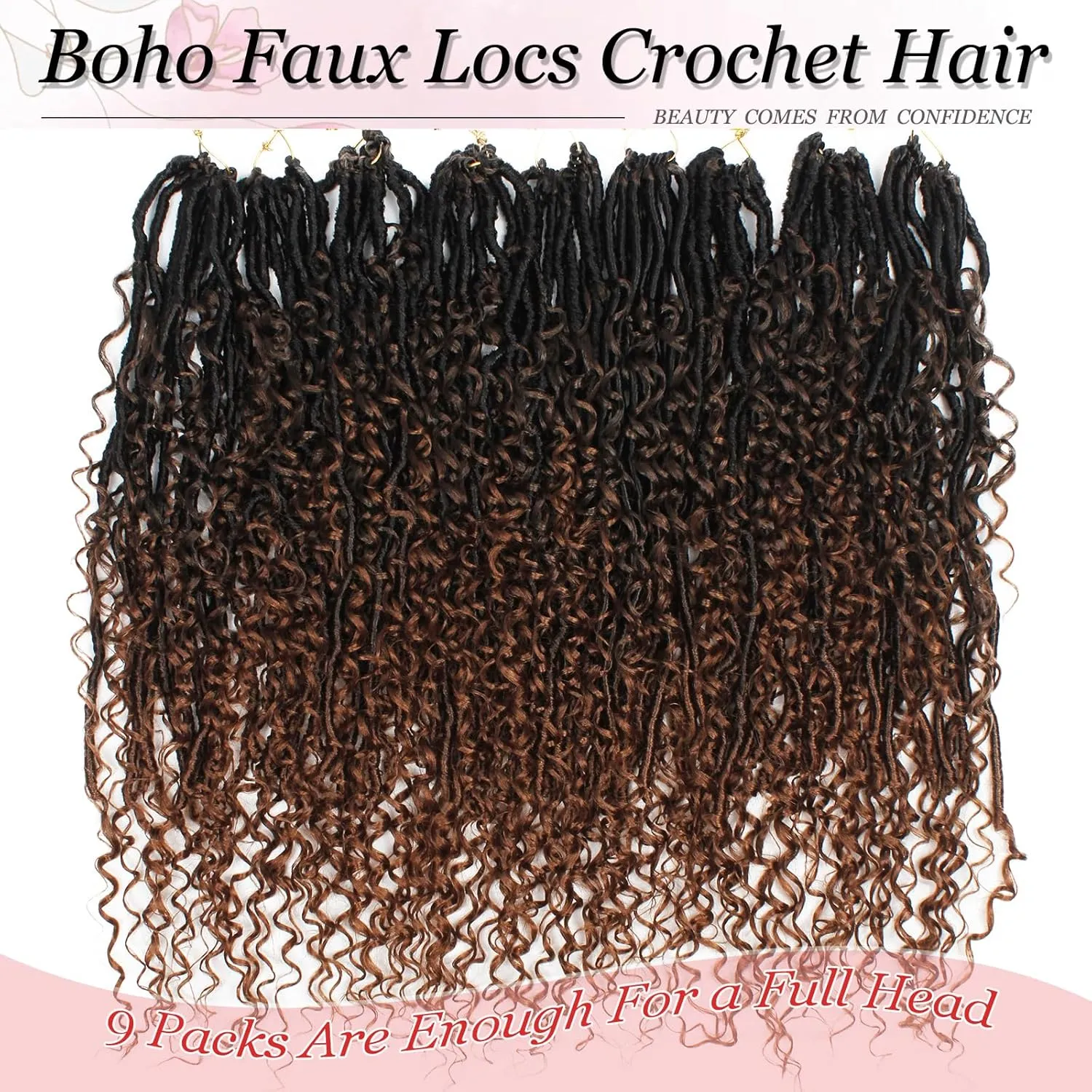 Boho Faux Locs Crochet Hair 9 Packs Long Goddess locs 24 Inch Boho Soft Locs With Curly Ends Pre Looped Bohemian River Loc Crochet Hair For Women (24 inch,1B/4/30)