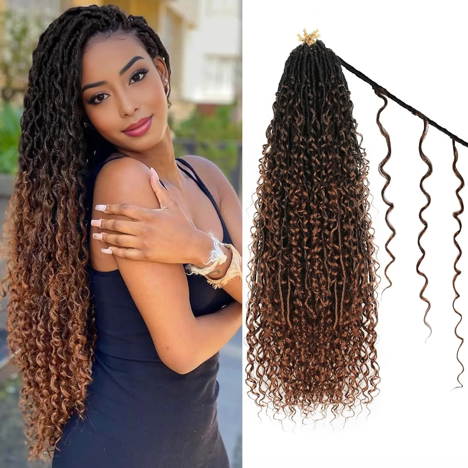 Boho Faux Locs Crochet Hair 9 Packs Long Goddess locs 24 Inch Boho Soft Locs With Curly Ends Pre Looped Bohemian River Loc Crochet Hair For Women (24 inch,1B/4/30)