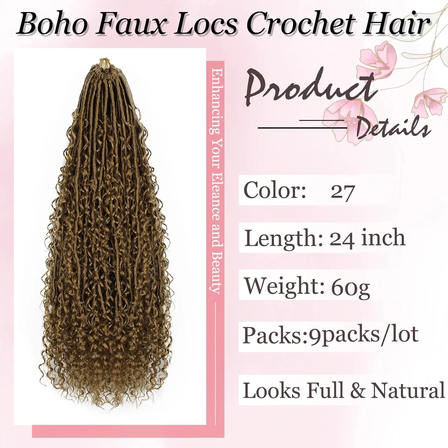 Boho Faux Locs Crochet Hair 9 Packs Long Goddess locs 24 Inch Boho Soft Locs With Curly Ends Pre Looped Bohemian River Loc Crochet Hair For Women (24 inch,#27)