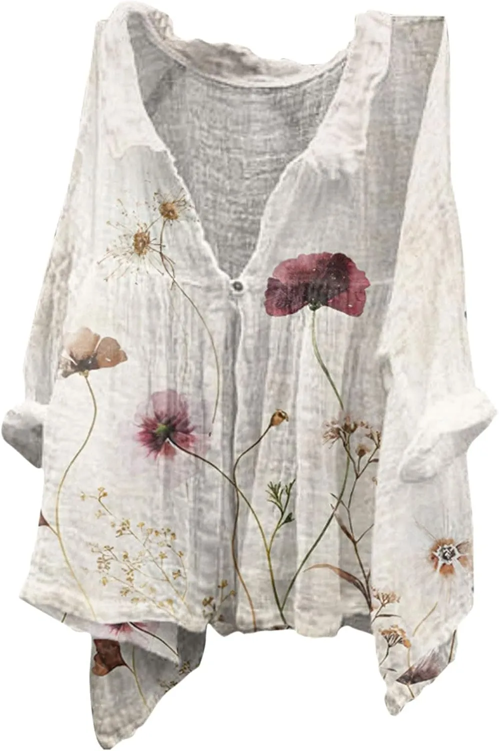 Boho Floral Blouses for Women Babydoll Linen Shirts 2025 Casual Summer 3/4 Sleeve V-Neck Button Down Peasant Tops