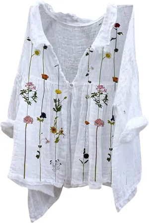 Boho Floral Blouses for Women Babydoll Linen Shirts 2025 Casual Summer 3/4 Sleeve V-Neck Button Down Peasant Tops