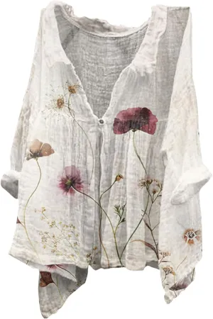 Boho Floral Blouses for Women Babydoll Linen Shirts 2025 Casual Summer 3/4 Sleeve V-Neck Button Down Peasant Tops