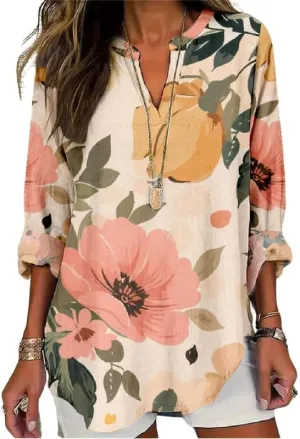 Boho Floral Linen Shirt for Women V Neck Long Sleeve Blouse Vintage Printed Casual Loose Fit Fall Tunic Tops