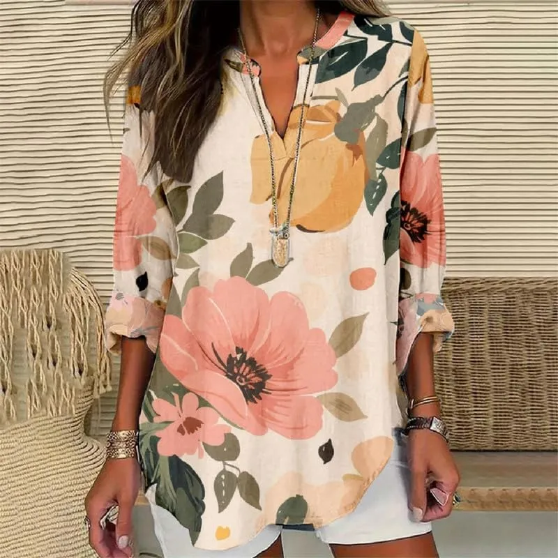 Boho Floral Linen Shirt for Women V Neck Long Sleeve Blouse Vintage Printed Casual Loose Fit Fall Tunic Tops