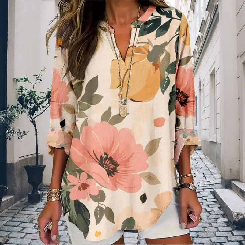 Boho Floral Linen Shirt for Women V Neck Long Sleeve Blouse Vintage Printed Casual Loose Fit Fall Tunic Tops