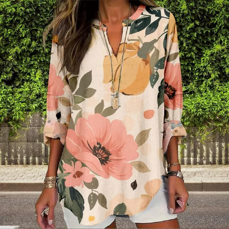 Boho Floral Linen Shirt for Women V Neck Long Sleeve Blouse Vintage Printed Casual Loose Fit Fall Tunic Tops