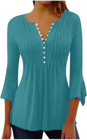 Boho Tops for Women Fall Solid Button Down Empire Waist Pleated Shirts V-Neck Fashion 3/4 Sleeve Vintage Flowy Blouse