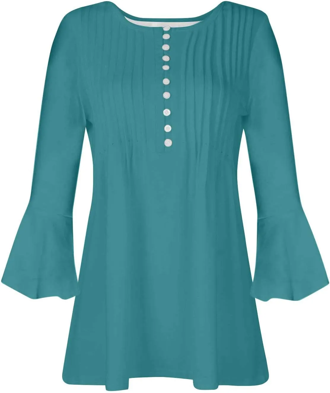 Boho Tops for Women Fall Solid Button Down Empire Waist Pleated Shirts V-Neck Fashion 3/4 Sleeve Vintage Flowy Blouse